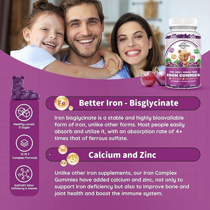 Iron Supplement Gummies for Kids - with Calcium, Zinc, Kids Multivitamin with Iron Gummies - Immune Support, Blood Builder & Energy Support for Iron Deficiency, Anemia, Vegan - 60 Gummies Grape Flavor