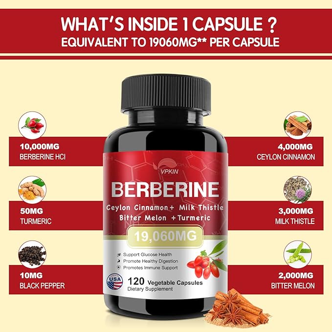 Berberine Supplement 19,060mg,Berberine with Ceylon Cinnamon,Bitter Melon,Milk Thistle,Berberine HCl Supplement(120 Capsules)