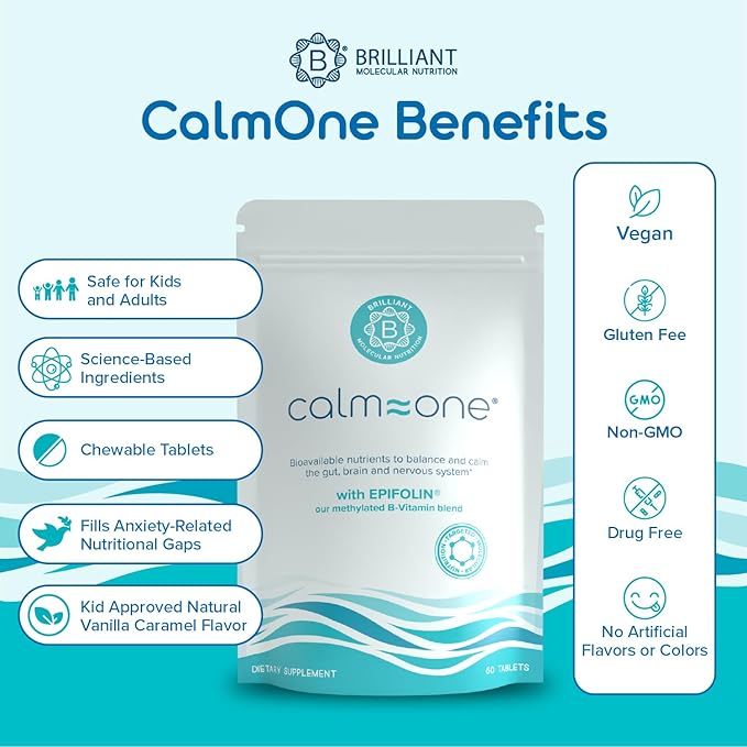 CalmOne Dietary Supplement for Adults & Children - Natural Calm to Balance The Gut, Brain & Nervous System - Fast Support for Anxiousness, Overwhelm, Sleep & Relaxation - 60 Chewable Tablets
