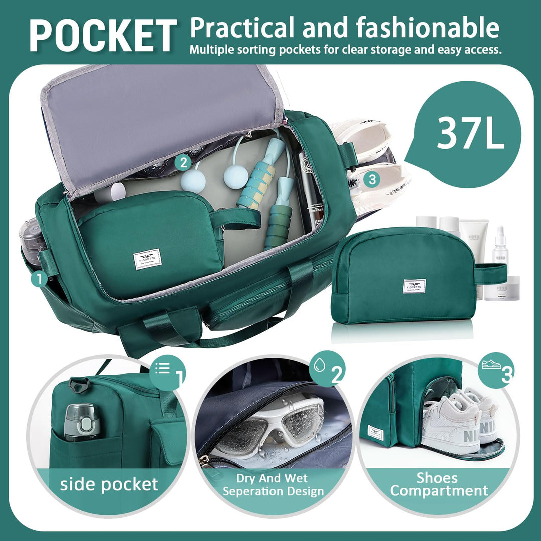 FIORETTO Women's Water-Resistant Gym Duffle Bag with Shoes Compartment, 37L Capacity, Multi-Functional, Ideal for Travel, Gym, Sports, Weekender, with Toiletry Bag, Dark Green