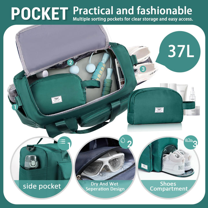 FIORETTO Women's Water-Resistant Gym Duffle Bag with Shoes Compartment, 37L Capacity, Multi-Functional, Ideal for Travel, Gym, Sports, Weekender, with Toiletry Bag, Dark Green
