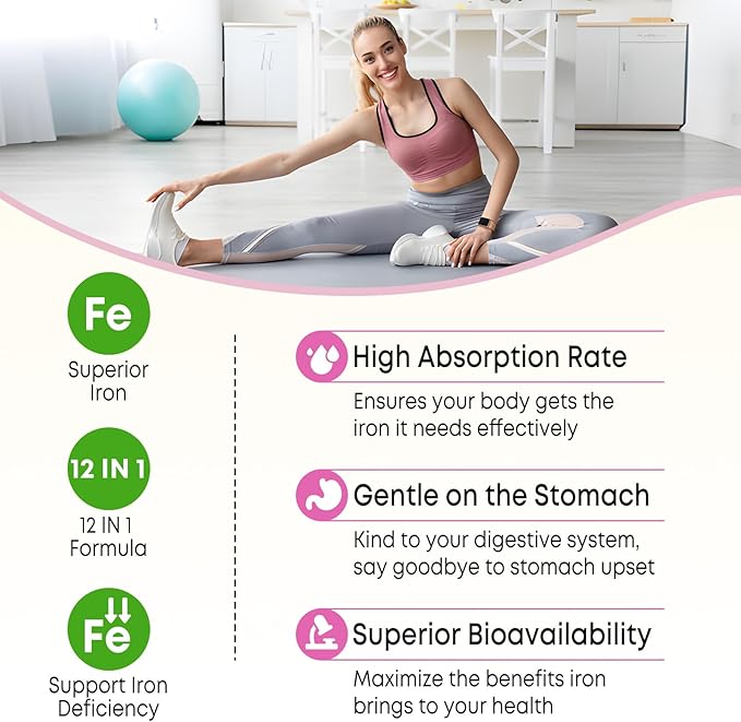 Vegan Iron Supplement Gummies for Women & Men, Anemia, Blood Builder & Energy Support for Iron Deficiency, with Vitamin C, A, B Complex, Folate, Beet Root, CoQ10, Zinc, Sugar Free, 60 Count