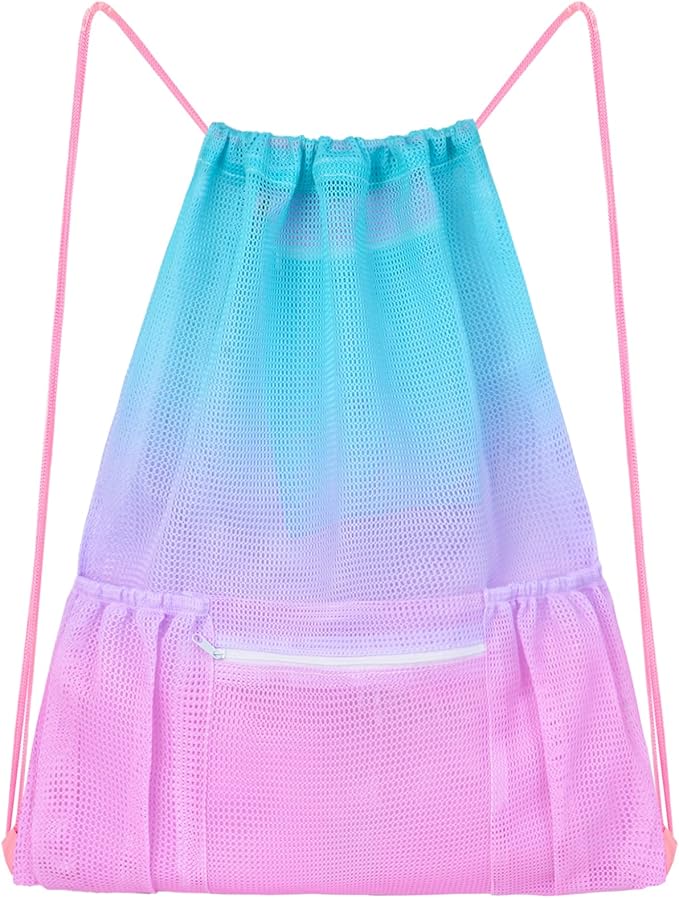 Fiodrimy Mesh Drawstring Backpack Bag Beach Bag with Zipper Pocket Gym Backpack Bag for Swimming Gear Gym Storage Bag for Adult Kids (Pink)
