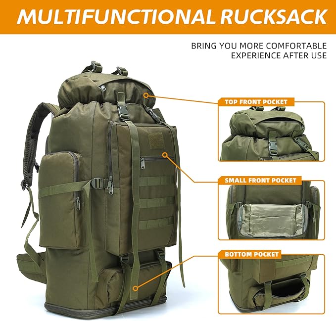 70L/100L Hiking Camping Backpack MOLLE Rucksack Waterproof Daypack for Traveling (Army Green)