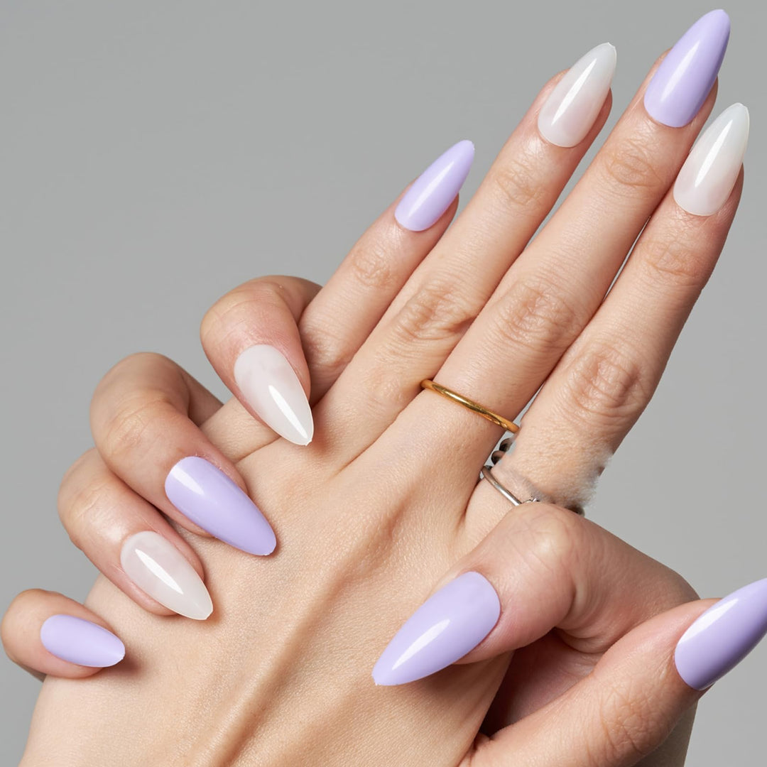 GLAMERMAID Press on Nails Medium Almond, Spring Summer Purple and White Gel Glue on Nail, 24Pcs Glossy Short Stiletto Reusable UV Finish Fake Nails Acrylic False Nails Manicure Kits for Women