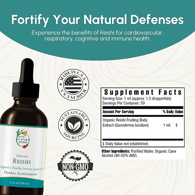 Reishi Tincture - Nervous & Immune System Support, Respiratory System, Cardiovascular & Metabolic Health, Focus & Calm Mind, Herbal Supplement - 2 Fl Oz
