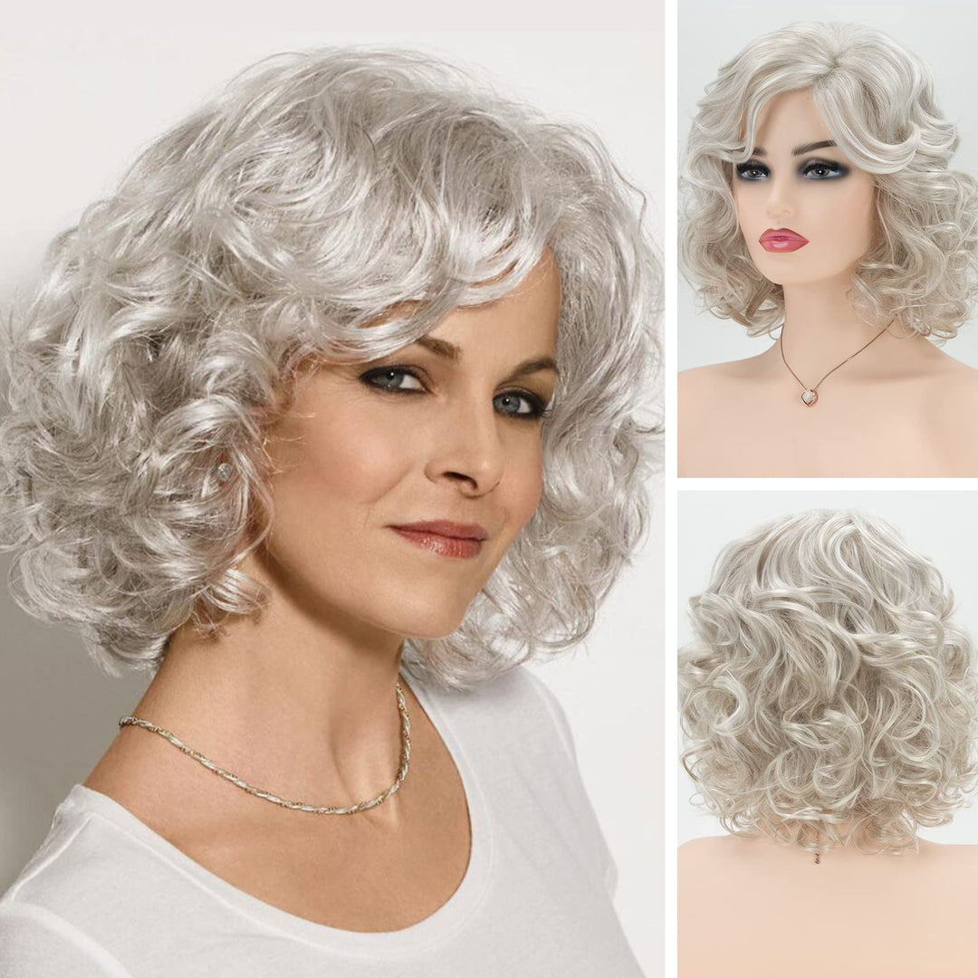 RENERSHOW Short Sliver Gray Curly Wigs for White Women Grey Mix Little Light Brown Wavy Bob Wig with Curtain Bangs Heat Synthetic Daily to Party Womens Wig
