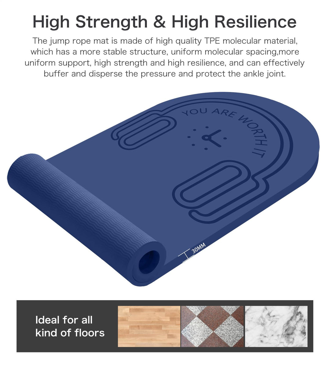 LERYG 8/20/30mm Jump Rope Mat Fitness Exercise Mat Durable, Non-Slip, Workout Mats with Jump Rope & Carrying Bag for Home Gym Flooring in Blue(55"x 24"x 30mm)