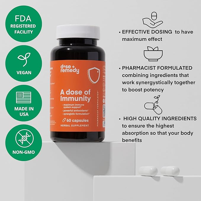 A Dose of Immunity Quercetin with Vitamin C and Zinc, Vitamin D, 500mg Quercetin Bromelain with Echinacea & B Vitamins, Lung Immune Support Supplement 7 in 1 Immunity Defense Booster (60 Count)