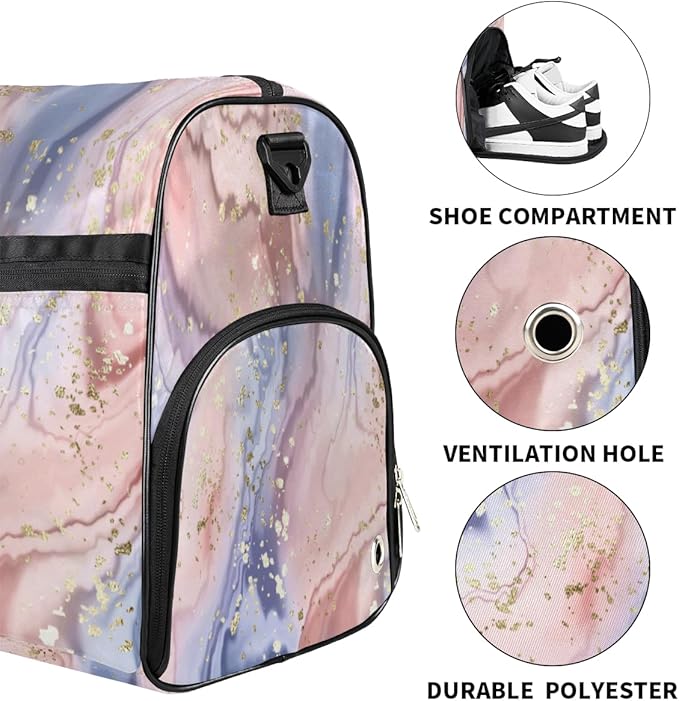 Gold Glitter Marle Dry Wet Depart Duffle Overnight Bag with Shoes Compartment & Wet Pockets, Water Resistant Weekender Travel Gym Pouch For Swim Gymnastics Ballet Sleepovers