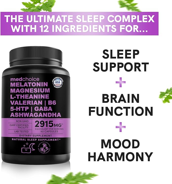 12-in-1 Melatonin Sleep Capsules - Natural Sleep Aids for Adults with Melatonin 5mg and Magnesium Glycinate 500mg, Sleep Aid with Ashwagandha, L Theanine, Valerian Root, GABA, 5-HTP (90ct, Pack of 2)