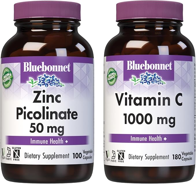 Bluebonnet Nutrition Zinc Picolinate 50mg and Vitamin C 1000mg Vegetable Capsules Bundle