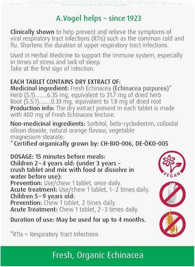 A.Vogel Echinaforce Junior Chewable Tabs | Organic Echinacea Tabs | Cold and Flu Symptoms Relief | Immune System Support | Children 2+ | 90Tabs
