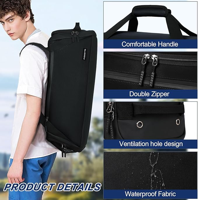 FIORETTO 43L Mens Sports Gym Bag with Wet Pocket & Shoe Compartment, Travel Duffle Bag Overnight Bag with Padded Shoulder Strap, Holdall for Swimming, Basketball, Football Black