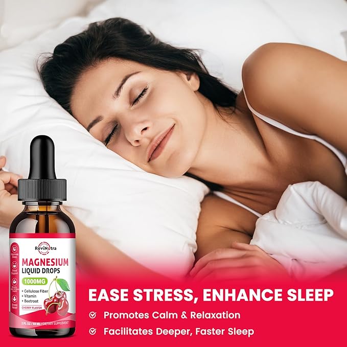 Magnesium Glycinate Liquid Drops, 1000mg Magnesium Glycinate, Citrate & Taurate with Fiber, Beetroot, Vitamin B & C for Sleep, Calm, Muscle, Energy & Relaxation, 2 Fl Oz, Sugar-Free Cherry Flavor
