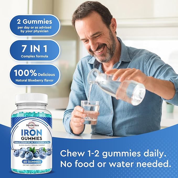 Iron Gummies - with Calcium, Zinc, Folate & Vitamin B12, C,B6 for Adults & Kids - Blood Builder & Energy Support for Iron Deficiency, Anemia, Vegan - Blueberry Flavor, 60 Gummies