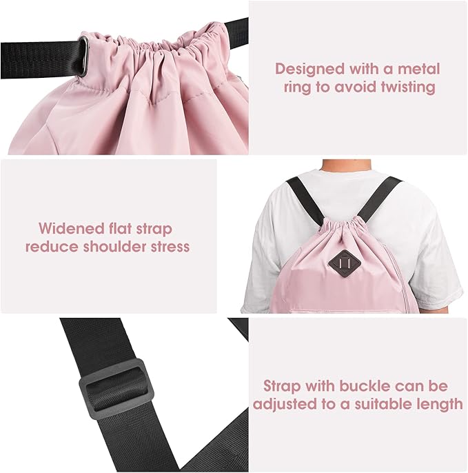 WANDF Drawstring Backpack Sports Gym Bag with Shoes Compartment, Water-Resistant String Backpack Cinch for Women Men (Large,Pink)