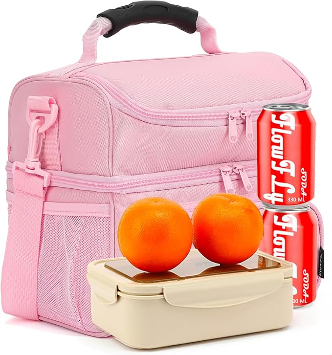 FlowFly Double Layer Cooler Insulated Lunch Bag Adult Lunch Box Large Tote Bag for Men, Women, With Adjustable Strap,Front Pocket and Dual Large Mesh Side Pockets