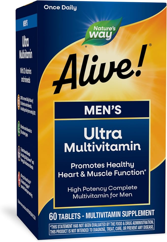 Nature's Way Alive! Men's Daily Ultra Multivitamin, High Potency Formula, Promotes Healthy Heart & Muscle Function*, with Methylated B12, Gluten Free, 60 Tablets