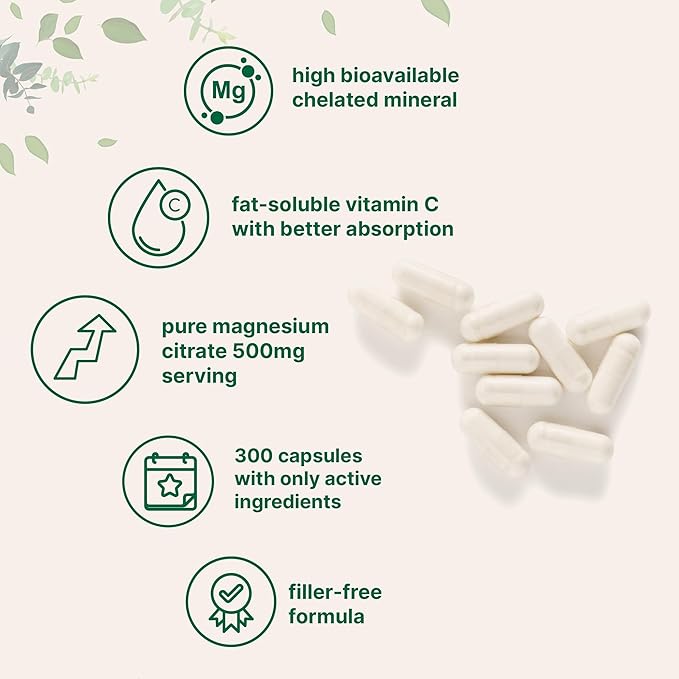 Pure Magnesium Citrate Supplements 500mg Per Serving | 300 Capsules with High Absorption Fat-Soluble Vitamin C | Supports Digestion, Muscle, & Heart Health | Only Active Ingredients | Filler Free