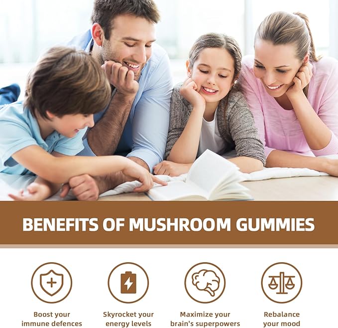 Mushroom Gummies Supplement with Ashwagandha - Lion Mane Mushroom Supplement for Adults Kids with Reishi Cordyceps Brain Supplements for Memory and Focus Organic Vegan Non GMO Mixed Fruit Flavor 60CT