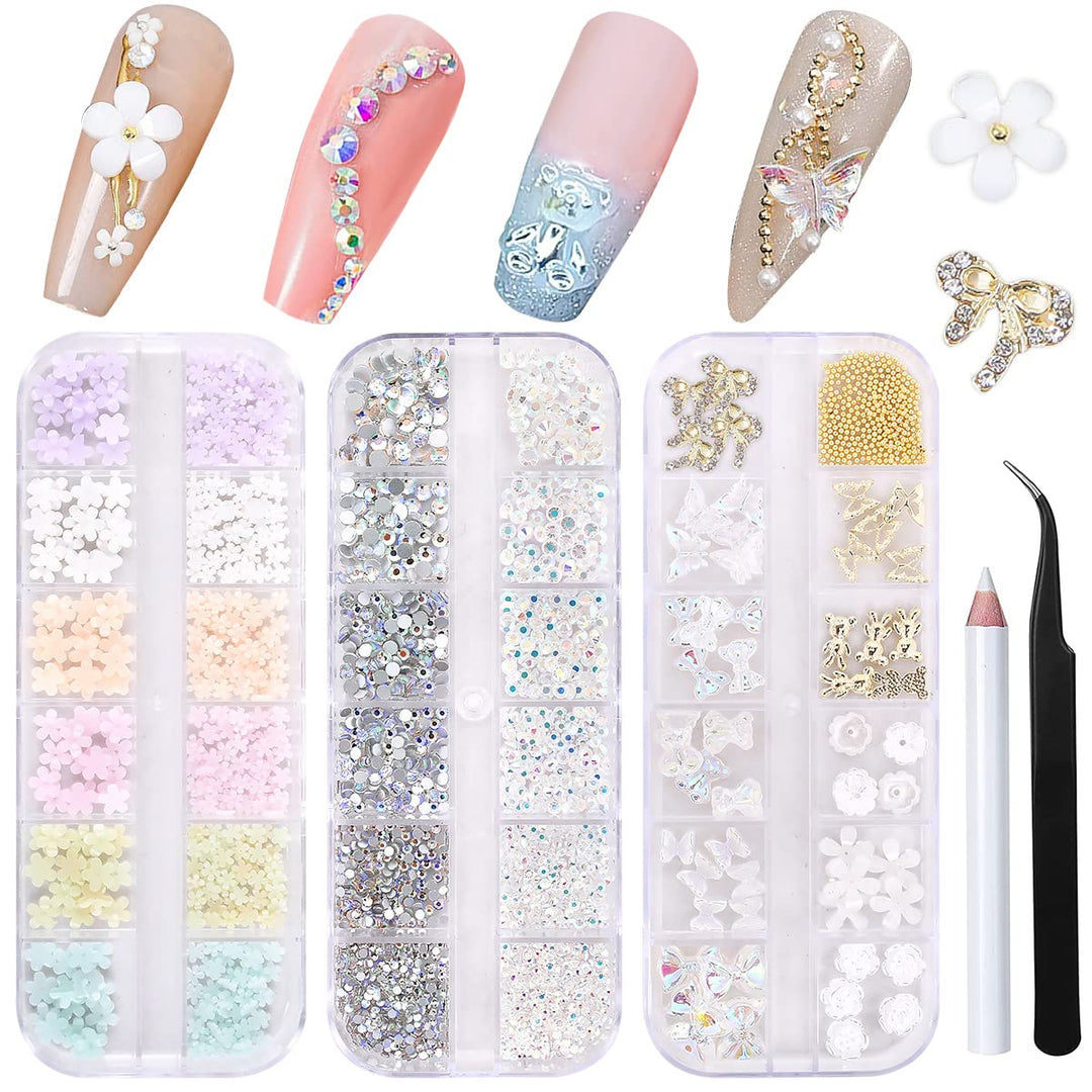 3D Flowers Nail Art Charms Rhinestones Kit - Includes 12Grid 400Pcs Acrylic Flower 1500Pcs Ab Nail Rhinestones 200Pcs Acrylic Bu