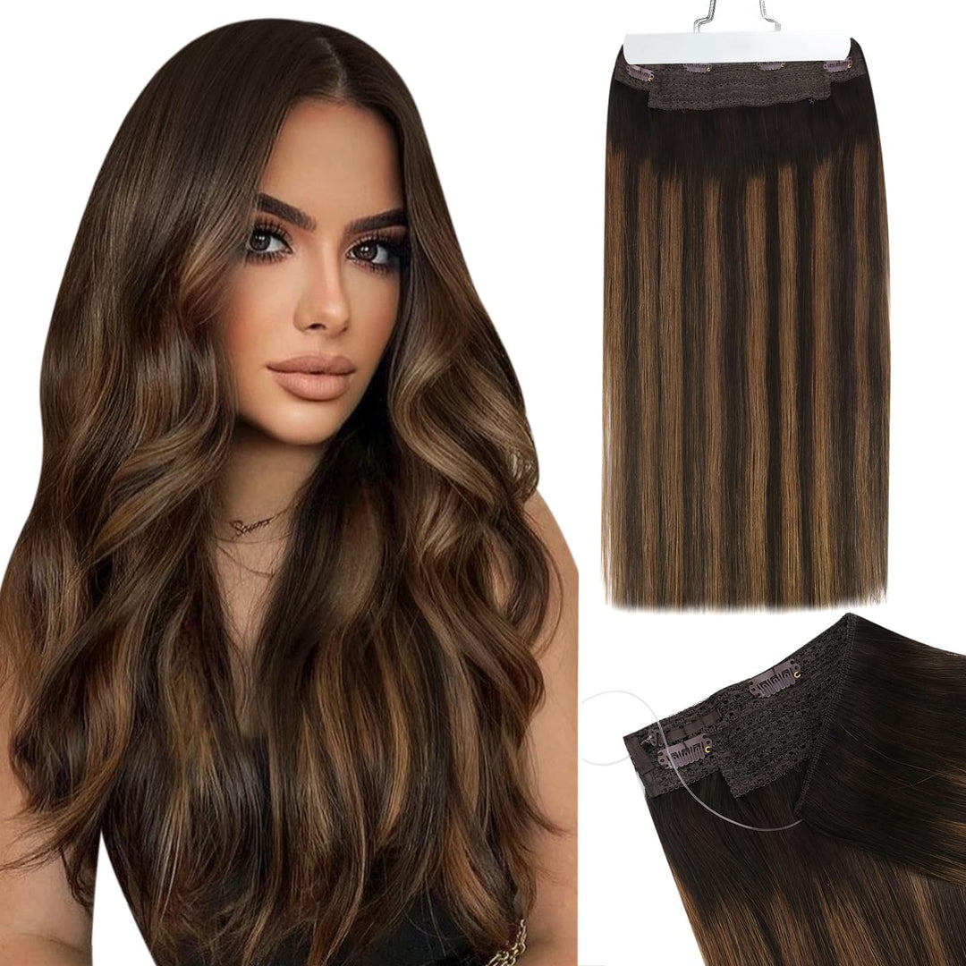 Ugeat Wire Hair Extensions Human Hair Brown Remy Invisible Wire Hair Extensions Balayage Dark Brown Mix Chestnut Brown Hair Exte
