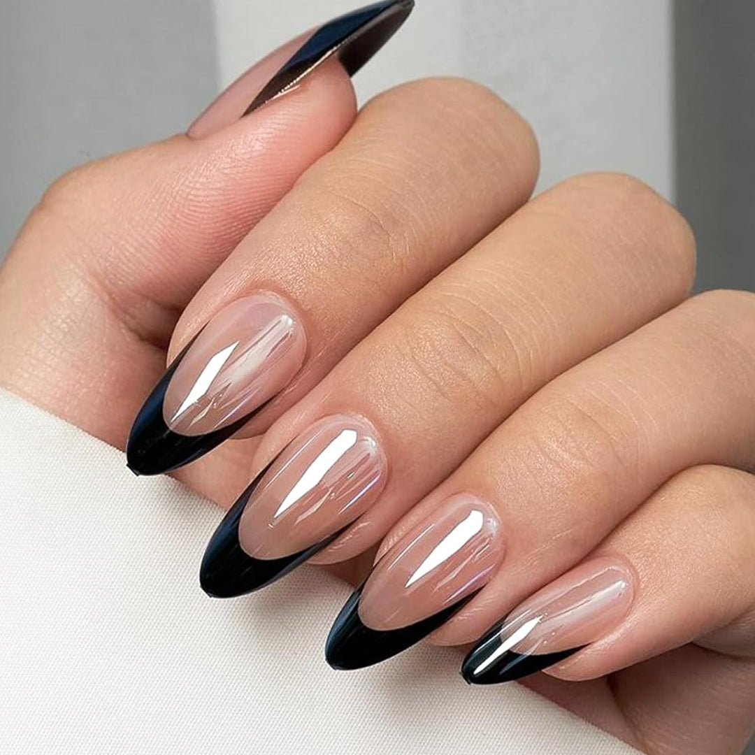 YOSOMK French Tip Press on Nails Medium Almond Fake Nails with Designs Black Chrome Glue on Nails Glossy False Nails for Women and Girls