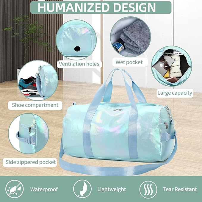 Gym Bag Sports Duffle Bag with Wet Pocket Weekender Overnight Bag with Waterproof Shoe Pouch and Air Hole for Girls Kids Women Travel Foldable Bag (Green)