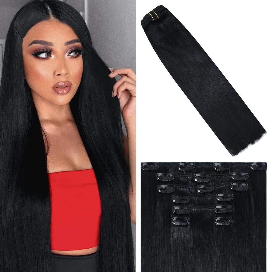 WindTouch Clip in Hair Extensions 85g Human Hair Extensions Black Hair Extensions Clip Ins 7pcs 18inch Jet Black Real Hair Extensions Clip in Human Hair