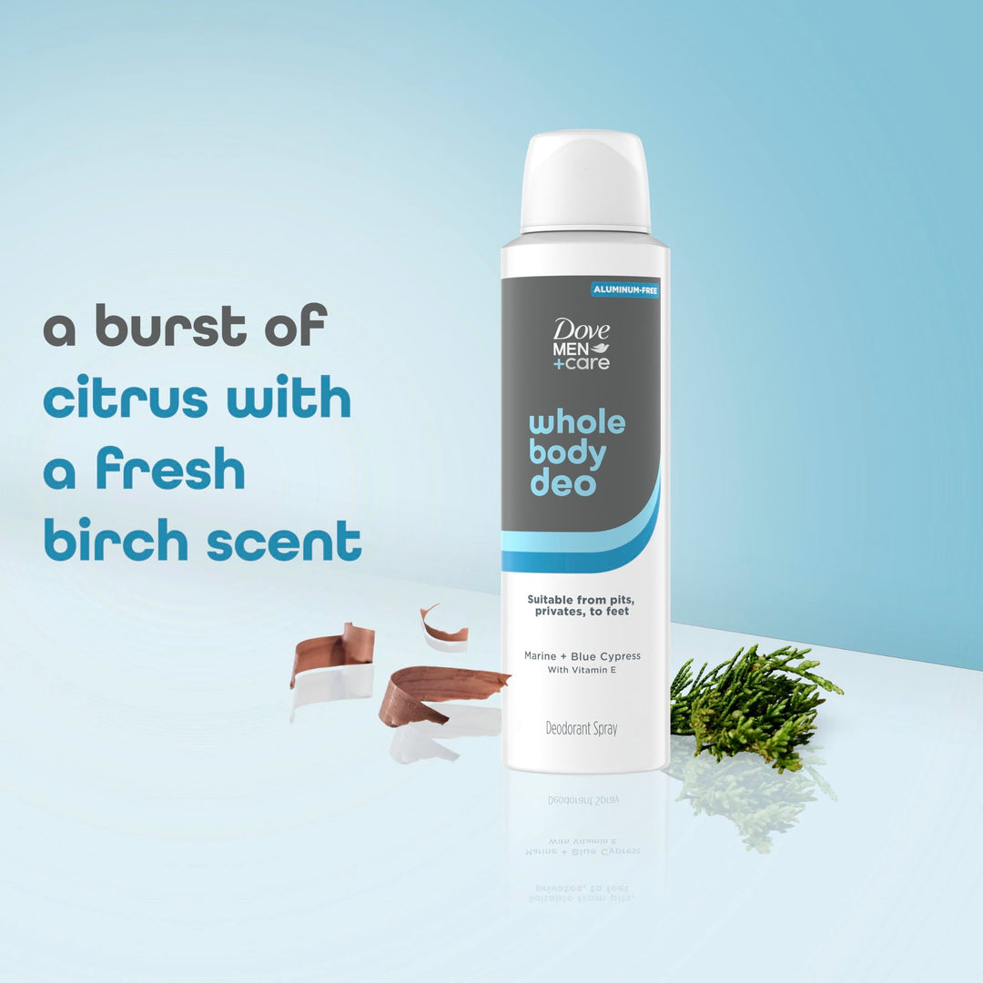 Dove Men+Care Whole Body Deodorant Marine + Blue Cypress For 72H Odor Protection from pits, privates, to feet 4 oz