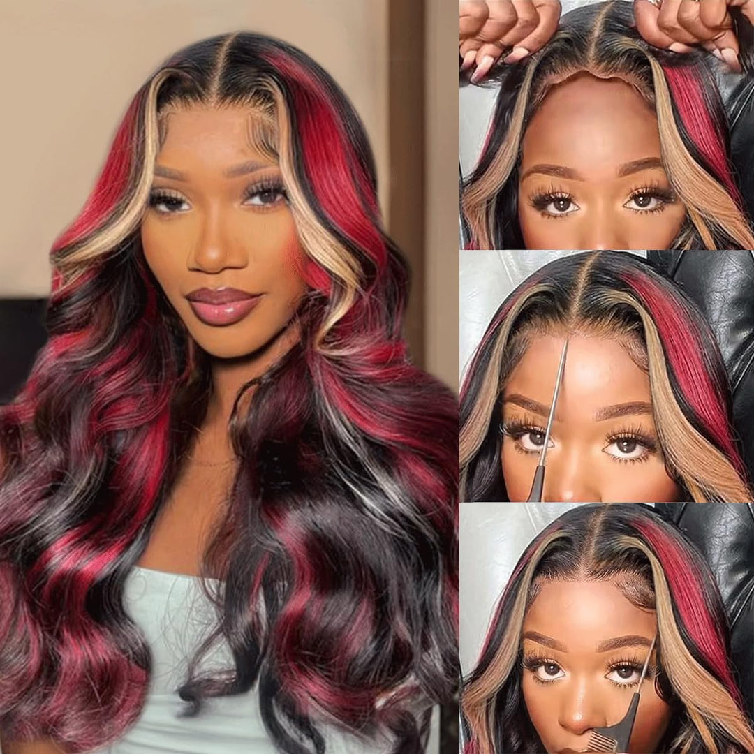 MARRY MOON 13X6 Burgundy Lace front Wigs Human Hair Ombre Lace Front Wig Human Hair 24Inch 1B/27/99J Highlight Lace Front Wig Human Hair Burgundy Colored Body Wave Wigs Pre Plucked