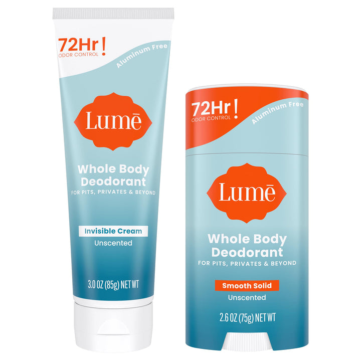 Lume Whole Body Deodorant - Invisible Cream and Solid Unscented - 72 Hour Odor Control - Aluminum & Baking Soda Free, Skin Safe - 3 oz Cream & 2.6 oz Solid Bundle