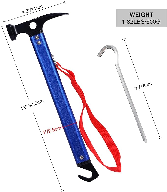 REDCAMP Aluminum Camping Hammer with Hook, 12" Portable Lightweight Multi-Functional Tent Stake Hammer for Outdoor,Black/Red/Orange/Blue