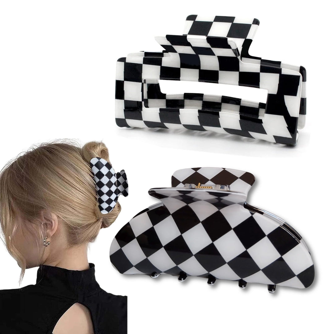 Womens Checkered Hair Clip Large Checkered Claw Clips Black And White Jaw Clip,2Pack