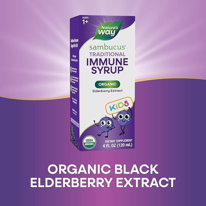 Nature's Way Sambucus Elderberry Traditional Immune Syrup for Ages 1+, Traditional Immune Support*, Antioxidant Support*, Black Elderberry Extract, USDA Certified Organic, 4 Fl Oz
