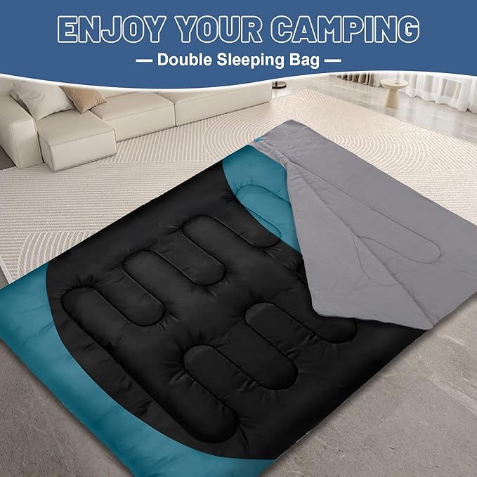 Cotton Flannel Double Sleeping Bag for Adults Machine Washable 2 Person Camping Sleeping Bag Queen Size Waterproof with Compression Sack for Cold Weather 3-4 Seasons