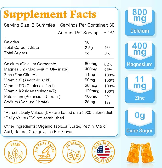 High Absorption Calcium Gummies, Sugar Free Calcium Magnesium Supplement with Potassium Vitamin D3 for Men and Women - Vegan, Orange Flavor 120 Cts