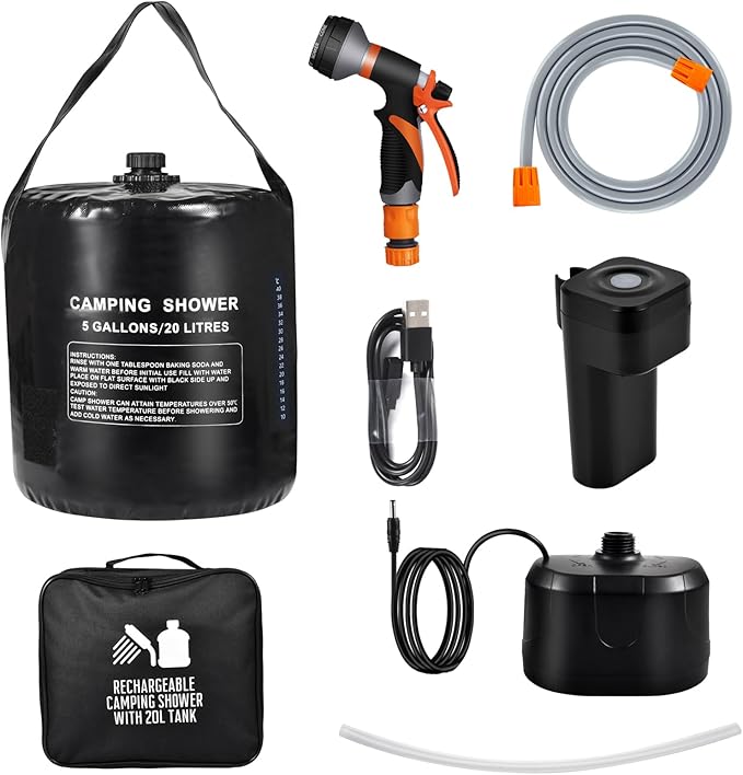 5 gallon/20L Water Bag,Portable Outdoor Camping Shower,Sun Heating,Electric Shower,8 Spray Modes,with Built-in Thermometer,Suitable for Hiking/Backpacking,Camping,Travel,Beach,Pets,Flowers