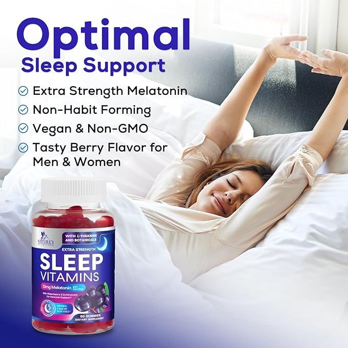 Sleep Gummies - 12mg Melatonin Natural Sleep Vitamin Supplement Formula with L-theanine, Chamomile, & Lemon Balm - Extra Strength Sleep Gummy, Non-Habit Forming Restful Sleep Women & Men - 60 Gummies