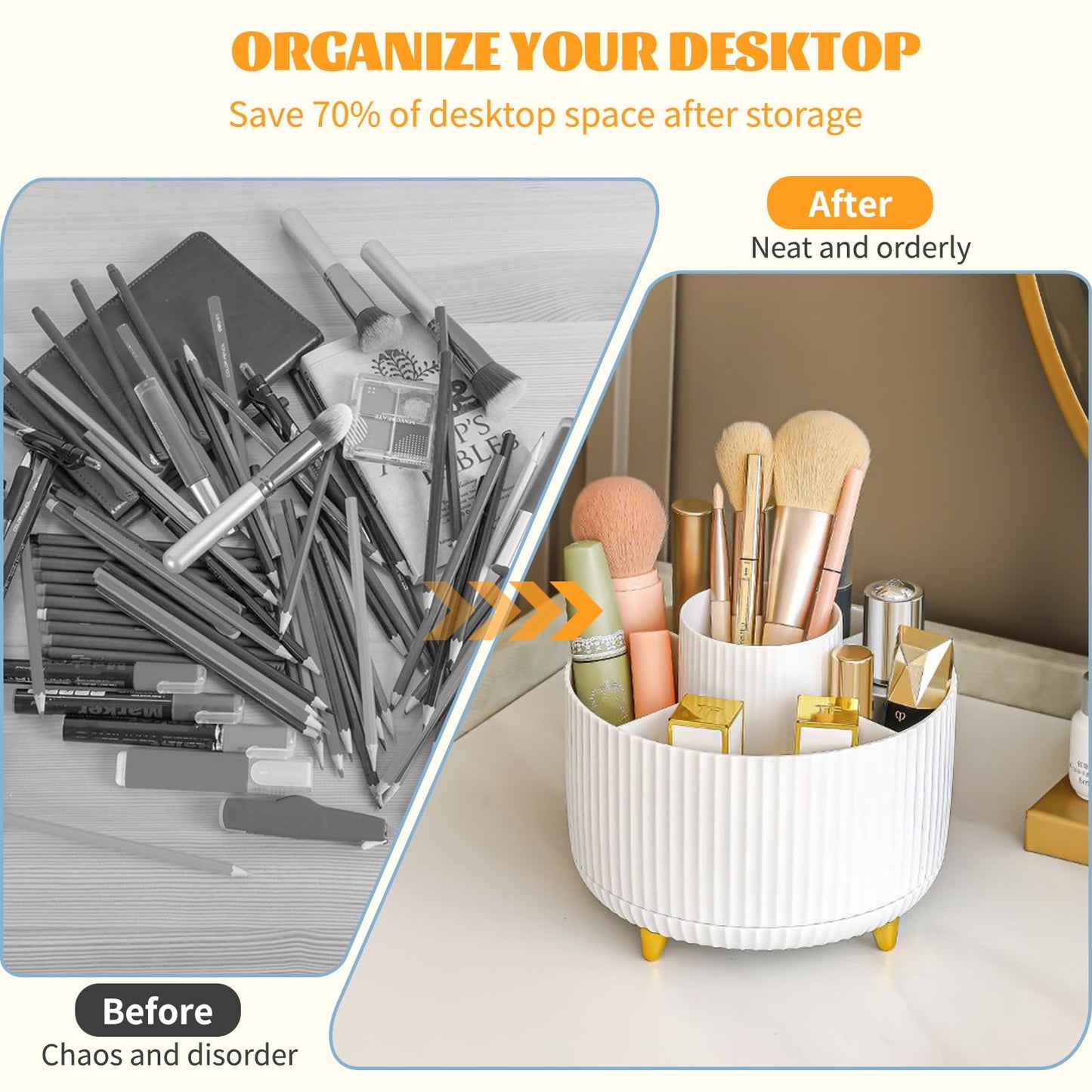 360° Rotating Makeup Organiser, Make Up Brush Holder with 5 Compartments, Desk Storage Container for Bedroom Dressing Table Cosmetics Organizer, Office Stationery Storage, Desktop Pen Holders (White)
