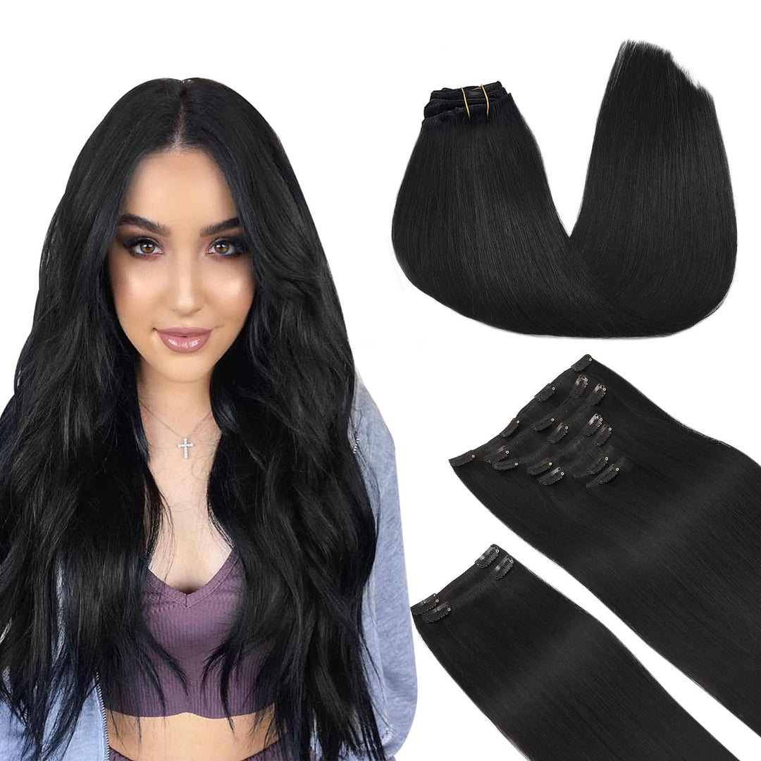 Doores Clip In Remy Hair Extensions, Jet Black 150G 9Pcs 24 Inch, Real Hair Extensions Clip In Human Hair Extensions For Women C