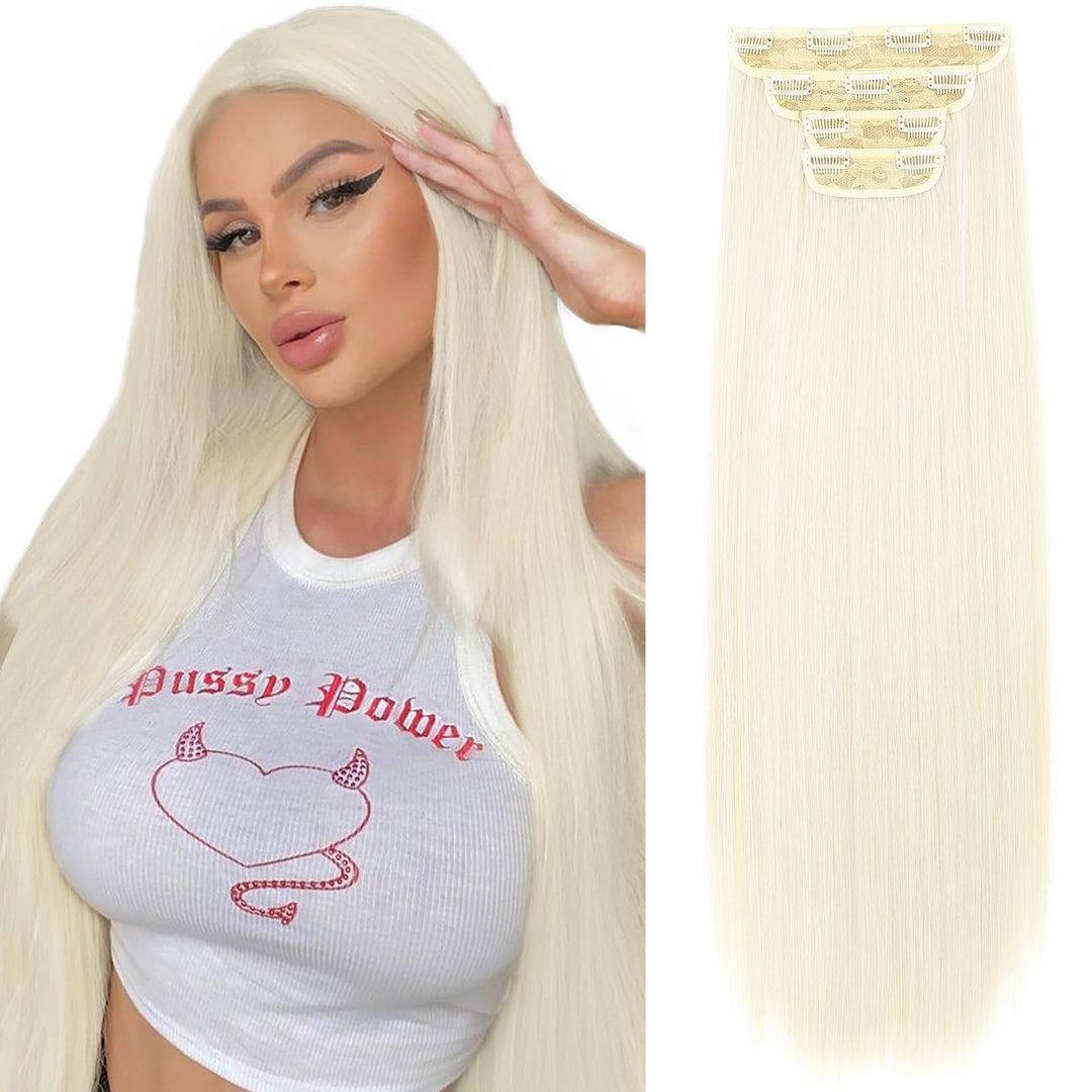 Reecho 28'' Straight Super Long 4 Pcs Set Thick Clip In On Hair Extensions White Blonde
