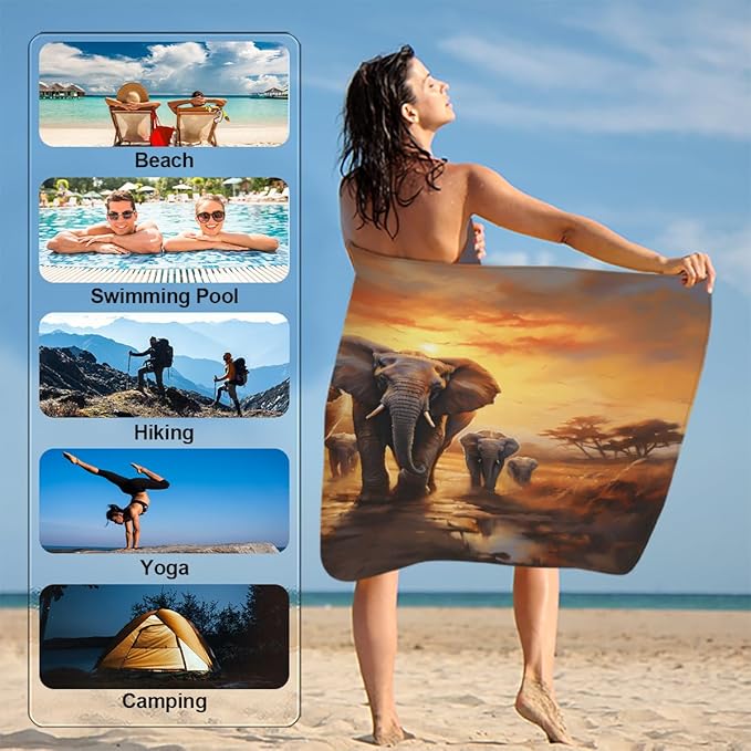 African Elephant Beach Towel Oversized Quick Dry Beach Blanket Microfiber Sand Free Absorbent Lightweight Sunset Elephant Pattern Bath Towel for Pool Travel Swimming Camping Women Men, 30" x 60"