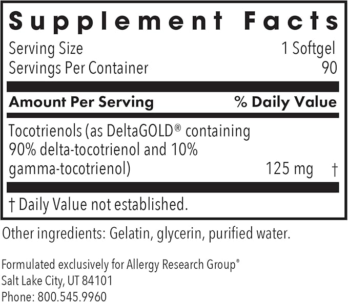 Allergy Research Group Delta-Fraction Tocotrienols Supplement - 125 mg Vitamin E, Annatto, Gamma, Tocotrienols Only, Tocopherol-Free, Hypoallergenic, Softgels - 90 Count