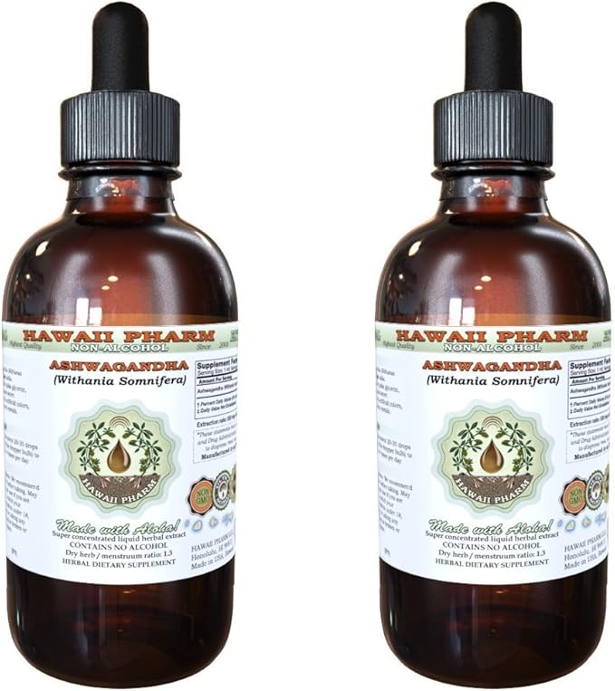 Ashwagandha Alcohol-Free Liquid Extract, Organic Ashwagandha (Withania Somnifera) Dried Root Glycerite Hawaii Pharm Natural Herbal Supplement 2x4 oz