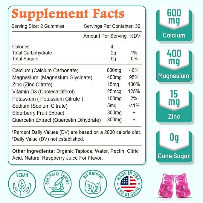 High Absorption Calcium Magnesium Zinc Gummies with Magnesium Glycinate 400mg, Sugar Free Calcium Magnesium Supplement for Bone & Teeth Strength, Muscle Function - Vegan, 120 Count