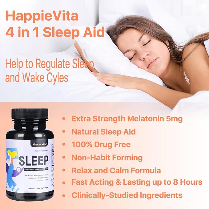 4 in 1 Sleep Aid for Adults, Melatonin 5mg with Rhodiola Rosea, GABA 250 mg, L Theanine 250mg, Relaxation and Sleep Supplement, 60 Capsules
