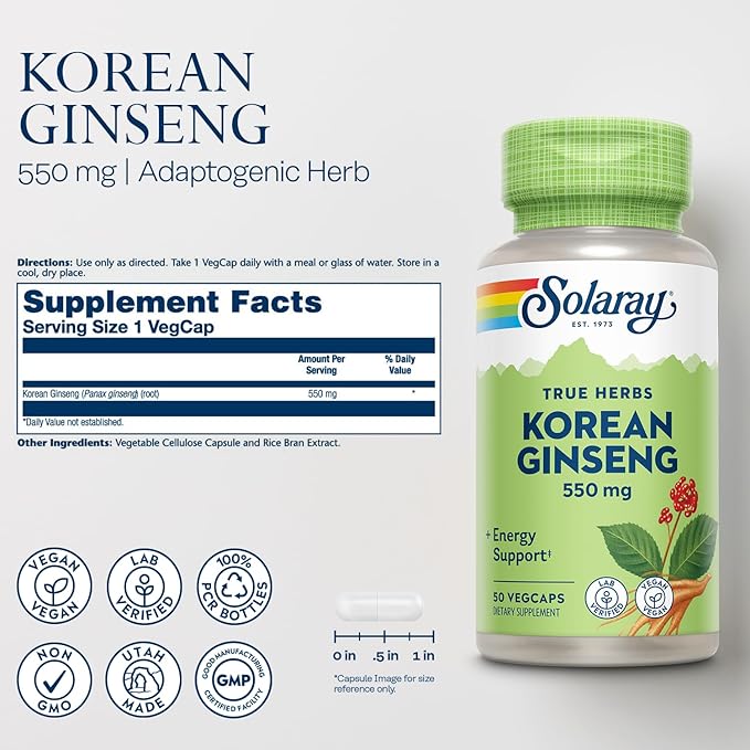 SOLARAY Korean Ginseng 550 mg - Ginseng Root - Stress, Physical Endurance and Energy Supplements - Non-GMO, Vegan, Lab Verified - 50 Servings, 50 VegCaps