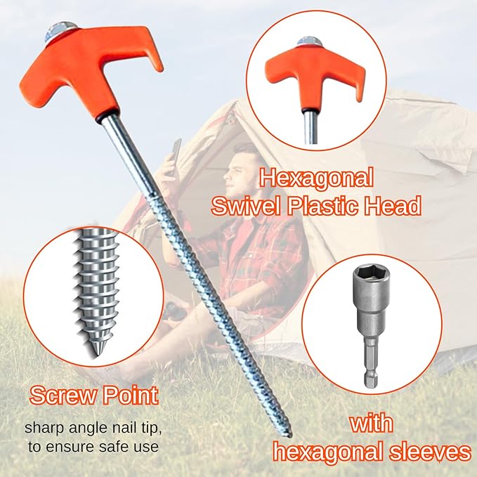 8" Screw in Tent Stakes - Ground Anchors Screw in, Screw in Tent Stakes Heavy Duty, Tent Pegs Camping Stakes, Metal Threaded Tent Spikes, Screw Tent Stakes with Hex Sleeves (8Pcs Black)